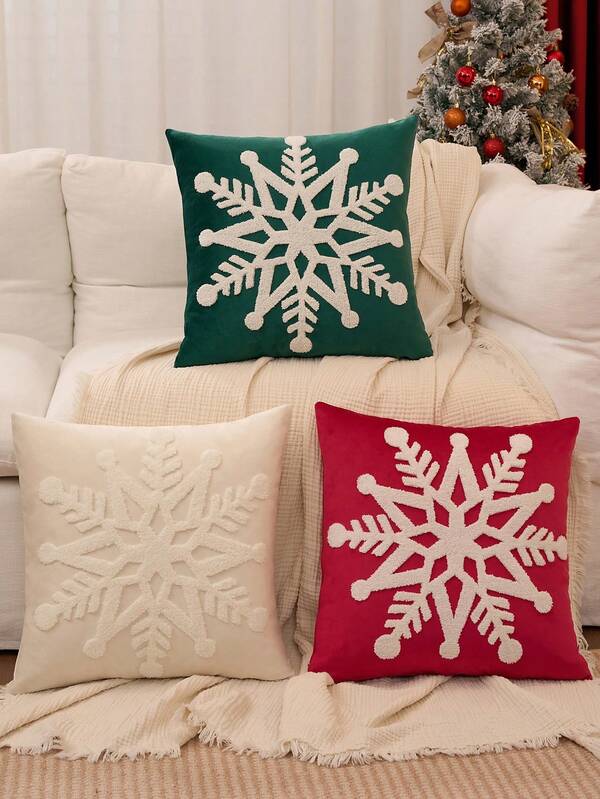 1 pieza Funda de cojín decorativa de Navidad, Funda de almohada con copos de nieve, bordado de terciopelo, de felpa suave, para decoración de invierno, decoración navideña del hogar, decoración de sala de estar, funda de almohada, decoración de dormitorio, regalo de Navidad