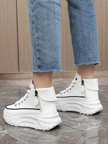 女士高帮鞋，2025年新款春秋圆头侧拉链厚底休闲运动鞋，街头时尚 - 白色 - 查看 5