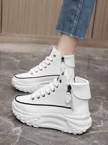 女士高帮鞋，2025年新款春秋圆头侧拉链厚底休闲运动鞋，街头时尚 - 白色 - 查看 6