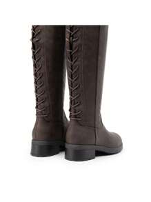 Women's Lace Up Knee High Boots Low Block Heel Riding Motorcycle Outdoor Combat Boots Round Toe Side Zipper Festival Fall Boots - Brown - View 5