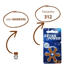6 Pilhas EXTRA POWER para Aparelho Auditivo - tam 312 - SELO MARROM