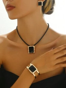 4pcs Black Geometric Oil Drip Simple Minimalist Style Set - Yellow Gold - View 1