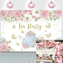茶会背景 粉色玫瑰金蝴蝶茶壶 我们来开个茶会背景 春日公主仙境下午茶蛋糕桌装饰背景布 - 多色 - 查看 3