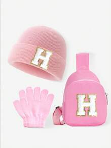 Set de 3 piezas para bebés y niños: Gorro con estampado de 26 letras, guantes y bolsa tipo monedero. Conjunto de ropa de invierno para niñas, apto para uso diario de niñas pequeñas en otoño e invierno. Accesorio de moda con monedero.