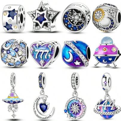 1 Pç Prata Cor Requintado Céu Misterioso Lua Estrela Sinal Do Amor Lucky 777 Pingente Charme Adequado Para Pulseira Original Pulseira Colar Contas Para Fazer Jóias DIY Aniversário Aniversário Jóias Presente Para Mulheres Menina Amante