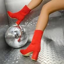 方头时尚百搭粗跟弹力袜靴 - 紅色 - 查看 2