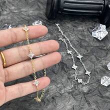 1pc Fashionable Minimalist Cubic Zirconia Bracelet, Waterproof, With 18K Gold Plated Miniature Flower Pendant, Women's High-End Jewelry Gift, Luxury Ladies Bracelet Valentines,Mom,Mother,Mother's Day,Gift