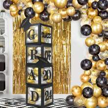 2024 Graduation Balloon Box Decor, 4pcs Black Graduation Party Balloons Box With "GRAD" & "Class Of 2024" Letters And Mini Graduation Cap Decorations, For Celebrating 2024 Graduates - Black - View 5