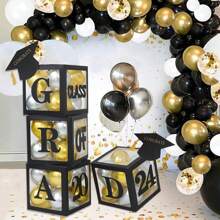 2024 Graduation Balloon Box Decor, 4pcs Black Graduation Party Balloons Box With "GRAD" & "Class Of 2024" Letters And Mini Graduation Cap Decorations, For Celebrating 2024 Graduates - Black - View 3