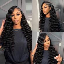 30Inch 13x6 Deep Curly Human Hair Wigs For Women Pre Plucked Loose Deep Wave Hd Transparent Frontal Wig Full Density 13x4 Invisible HD Lace Front Wigs Human Hair Pre Plucked Bleached Knots 250% Density Wet And Wave Human Hair Wigs For Women - Natural Black - 查看 9