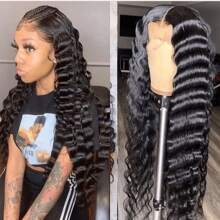30Inch 13x6 Deep Curly Human Hair Wigs For Women Pre Plucked Loose Deep Wave Hd Transparent Frontal Wig Full Density 13x4 Invisible HD Lace Front Wigs Human Hair Pre Plucked Bleached Knots 250% Density Wet And Wave Human Hair Wigs For Women - Natural Black - 查看 8