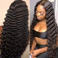 30Inch 13x6 Deep Curly Human Hair Wigs For Women Pre Plucked Loose Deep Wave Hd Transparent Frontal Wig Full Density 13x4 Invisible HD Lace Front Wigs Human Hair Pre Plucked Bleached Knots 250% Density Wet And Wave Human Hair Wigs For Women - Natural Black - 查看 1