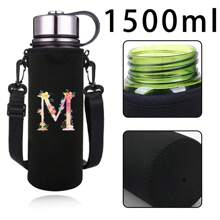 1pc Pink Floral & Letter Print Insulated Water Bottle Sleeve, Fits 550ml/750ml/1000ml/1500ml Bottles, Made Of Waterproof Nylon With Adjustable Strap, Suitable For Hiking, Camping, Sports - Black - View 32