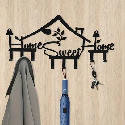 1Pc Home Sweet Home Sign Wall Hook,Black Metal Key Holder Wall Mount Organizer Rack With 8 Hooks Wall Decorative For Office Kitchen Bedroom Doorway Hallway (Black)