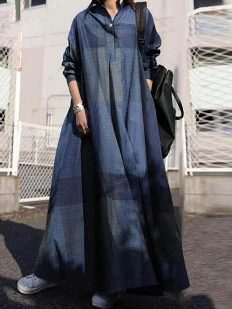 常规款女式长袖衬衫领休闲宽松花卉印花朴素连衣裙 - 彩色 - 查看 1