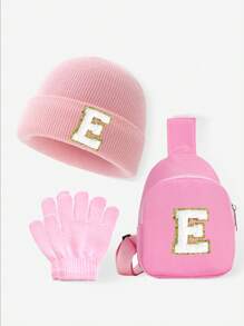 Set de 3 piezas para bebés y niños: Gorro con estampado de 26 letras, guantes y bolsa tipo monedero. Conjunto de ropa de invierno para niñas, apto para uso diario de niñas pequeñas en otoño e invierno. Accesorio de moda con monedero.