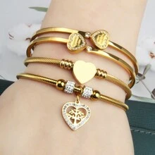 3-In-1 Set: Rhinestones Embedded Double LOVE Stainless Steel Bracelet, & Fashionable, With Romane Braided Steel Wire Bracelet Accessory, Great Gift