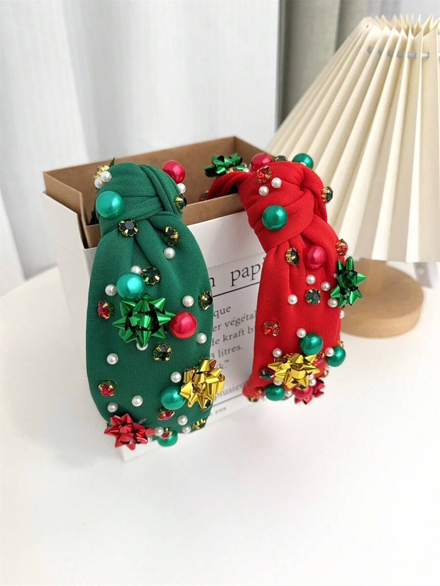 1pc Women Christmas Red & Green Pearl Decor Headband, Fashionable Minimalist Style Pearl Hair Accessories Hair Hoop