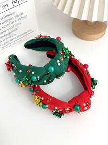 1pc Women Christmas Red & Green Pearl Decor Headband, Fashionable Minimalist Style Pearl Hair Accessories Hair Hoop