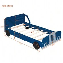 Striking Car-Shaped Design: This Twin-Size Bed Features A Captivating Car Shape, Available In Three Vivid Colors, Making It The Perfect Centerpiece For Any Child's Bedroom.  Superior Quality Construction: Made From Good-Quality Plywood And MDF, This Bed Is Built To Last, Providing Sturdy Slats That Support Daily Use And Withstand Wear And Tear.  Enhanced Safety Features: Designed With Protective Side Rails Next To The Headboard, This Bed Ensures A Secure Sleeping Experience, Preventing Accidental Falls For Added Peace Of Mind.  Comfort Meets Functionality: Blending Style And Practicality, This Bed Offers A Comfortable Sleeping Surface While Enhancing The Overall Aesthetic Of Your Child's Space.  Convenient Size And Easy Assembly: With Dimensions Of 77.2" X 40.9" X 29.9" (L X W X H), This Bed Is Easy To Assemble With Included Instructions. Note That The Mattress Is Not Included. - Màu xanh lam - Xem 2