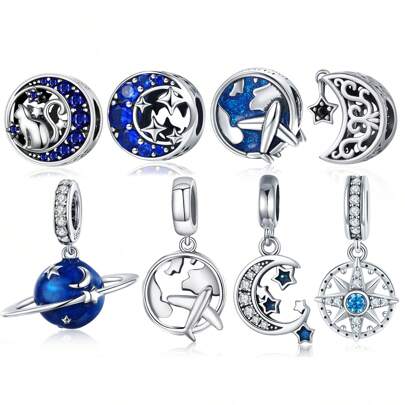 bamoer 1 PC 925 Sterling Silver Delicate Stars Moon Pendants Travel Charm Blue Beaded Fit Original Bracelet Bangle DIY Jewelry