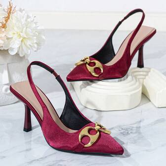 女士时尚酒红色尖头高跟缎面金属装饰露跟一脚蹬休闲鞋