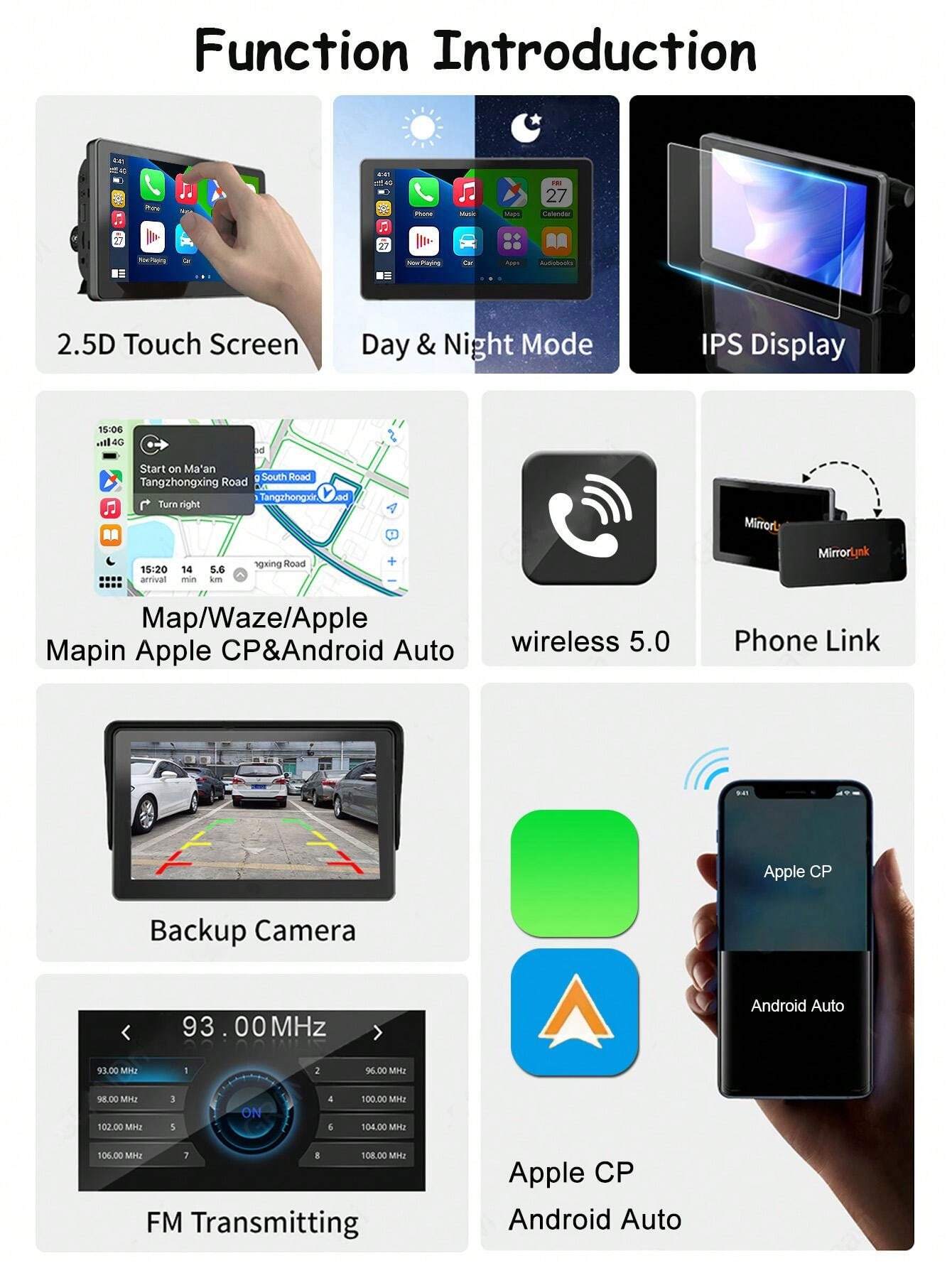 7Inch Car Radio, Wireless Apple Carplay & Android Auto, HandsFree