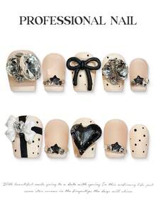 10 件手工按压指甲裸粉色黑色法式心形假指甲片 3D 蝴蝶结雪花星星水钻长棺材新年指甲配果冻胶和指甲锉美甲用品