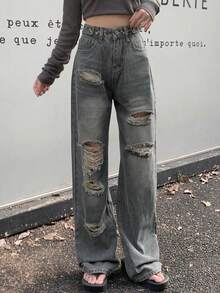 直筒破洞牛仔裤，休闲春季款 - 淺灰色 - 查看 2