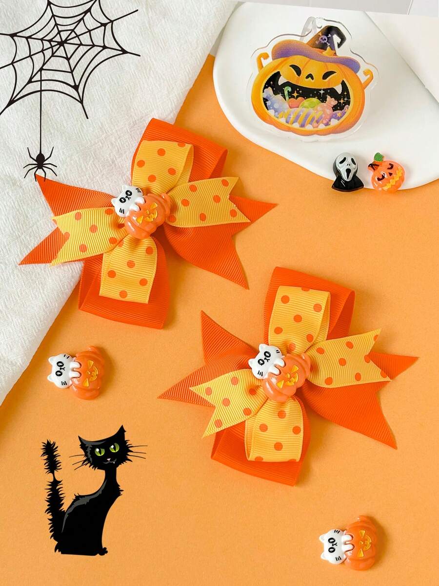 2 件 4 英寸万圣节发饰女孩发饰蝴蝶结时尚儿童女孩发饰带发夹适合万圣节节日派对学校