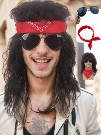 80-tals Mullet Peruk Med lugg + Halsduk+ Solglasögon Mörkbrun Långt 70-tals Disco-hår Lockigt Herr Peruk För Herr Man Man Hippie Rocking 80-tals Them Party Cosplay Kostym Anime Värmebeständig Syntethår Peruk 70-talsperuk