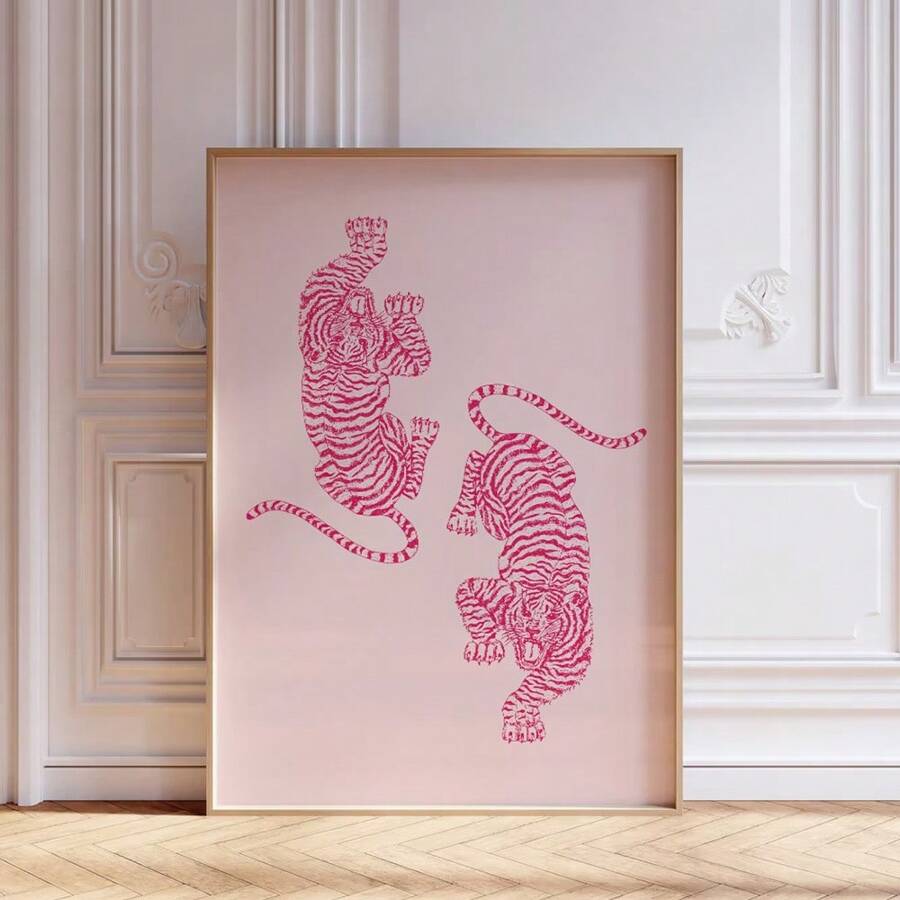 1 幅带框/无框粉色老虎多巴胺装饰艺术海报,美学 Y2K 学院风复古时尚动物油画,帆布印刷,极简主义时尚墙画,宿舍、卧室、公寓、客厅、家居装饰的理想礼物 - 彩色 - 查看 1