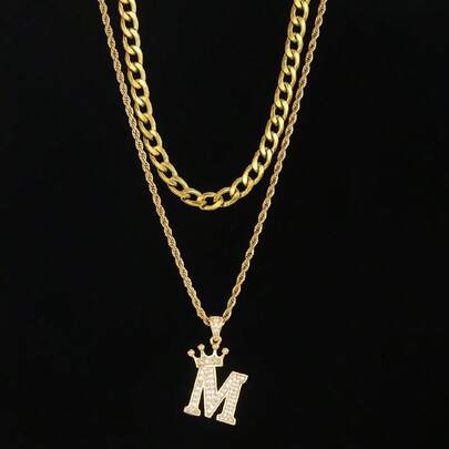 两件套水钻皇冠字母吊坠项链，扭链和费加罗链多层项链，可定制A-Z字母项链，男女皆宜的日常配饰