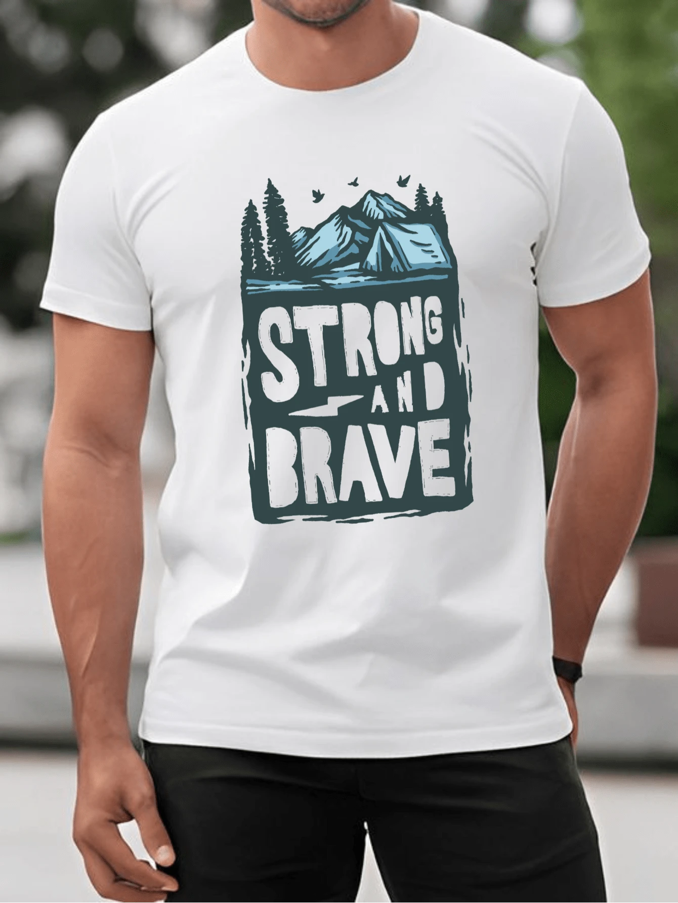 Men's Basic T-Shirt 100% Cotton Knit Strong And Brave Print Short Sleeve Casual T-Shirt - trắng - Xem 1