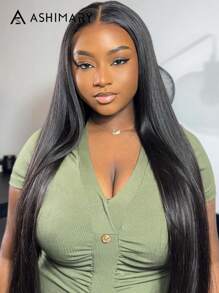 Peluca de cabello humano Ashimary de 13*4 con encaje frontal completo, lace transparente, cabello liso y sedoso, color negro natural, línea de cabello natural para mujeres - SNatural - Ver 10