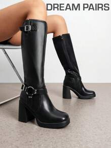 Women's Chunky Heel Platform Knee-High Boots Square Toe Side Zipper Adjustable Straps Buckle Decorated Motorcycle Riding Boots - 黑色 - 查看 1