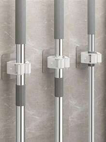 Estante organizador de pared con ganchos para trapero y escoba, ganchos adhesivos de pared para baño, clips para escoba y clips para trapeador, paquete múltiple