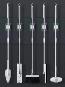 Estante organizador de pared con ganchos para trapero y escoba, ganchos adhesivos de pared para baño, clips para escoba y clips para trapeador, paquete múltiple