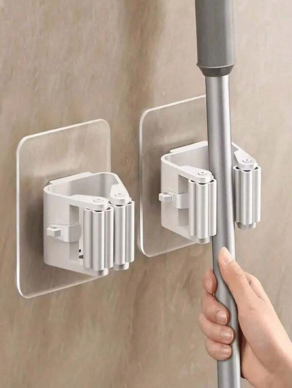 Estante organizador de pared con ganchos para trapero y escoba, ganchos adhesivos de pared para baño, clips para escoba y clips para trapeador, paquete múltiple