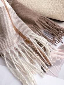 1 chiếc khăn quàng cổ mùa thu đông cho nữ, khăn quàng cổ cashmere giả kẻ sọc nhiều màu thời trang tua rua đa năng khăn choàng ấm áp chống lạnh mặc ngoài đi làm du lịch giải trí hàng ngày phụ kiện mặc hàng ngày cho phụ nữ - Kaki WT184-4 - Xem 4