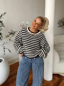 FOR BEAUTY Spring And Autumn New Round Neck Striped Color Blocking Lantern Sleeve Sweater Women Loose Fashion Long Sleeve Jumpers For Women Sweater Knit Christmas Top New Year