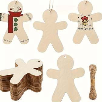 10/20pcs Unfinished Wooden Human Figure Ornaments, Suitable For DIY Christmas Tree Decorations, Smooth Edges Handmade Blank For Painting And Writing, Christmas Theme Wall Hanging Decor With 10m Jute Rope, Multi-Purpose For Holidays