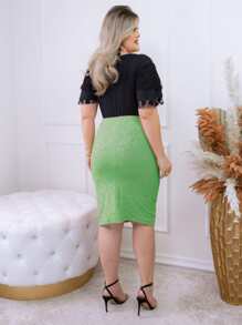 AVI Moda Crista AVI Christian Fashion - 3D Jacard Mesh - Amanda Executive Pencil Midi Secretary Skirt - Evangelical Christian Women's Fashion - 青檸色 - 查看 4