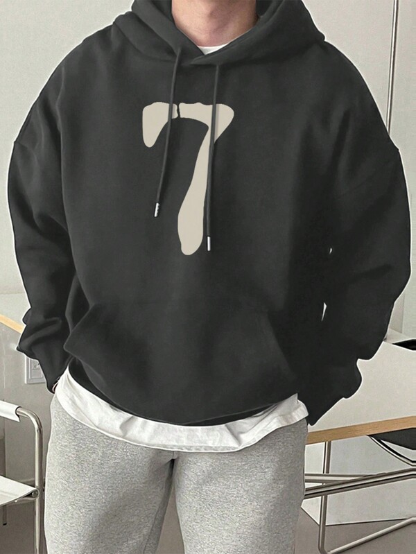 هودي كاجوال للرجال مطبوع عليه الرقم "7" مع جيب وسحاب، خريف/شتاء
