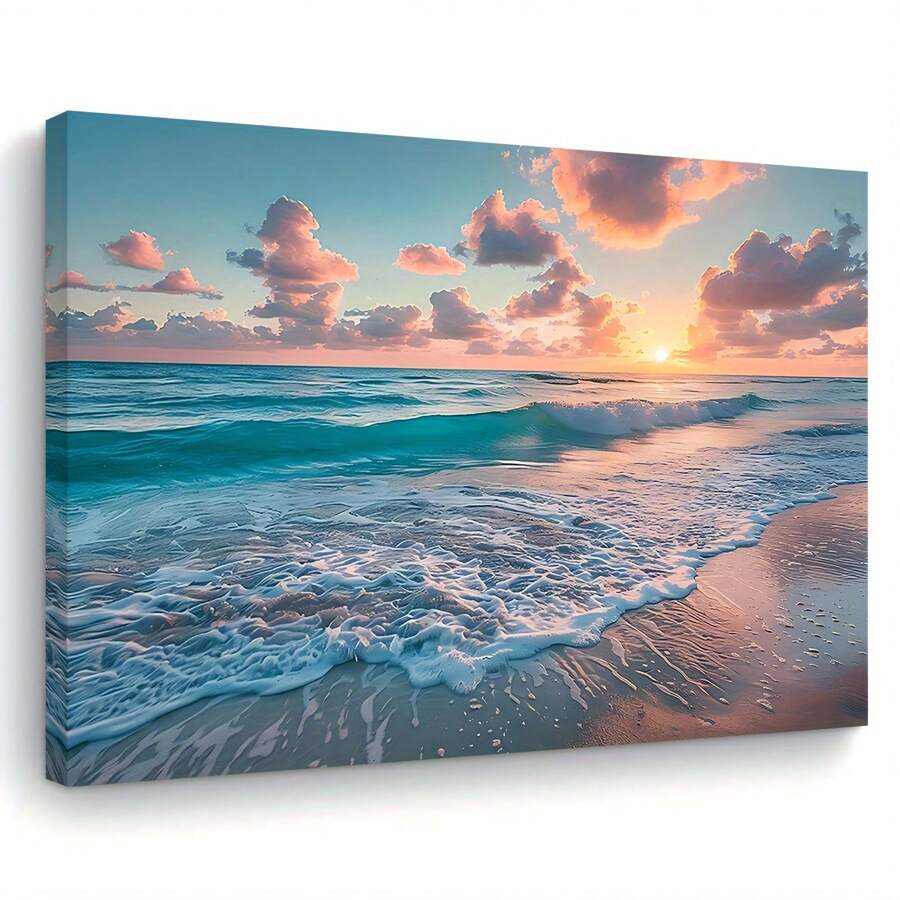 1pc Wall Art Canvas Print With Wooden Frame - Ocean Beach Sunset Scenery - Ideal For Living Room, Bedroom, Kitchen, Office Decor - Nhiều màu - Xem 1