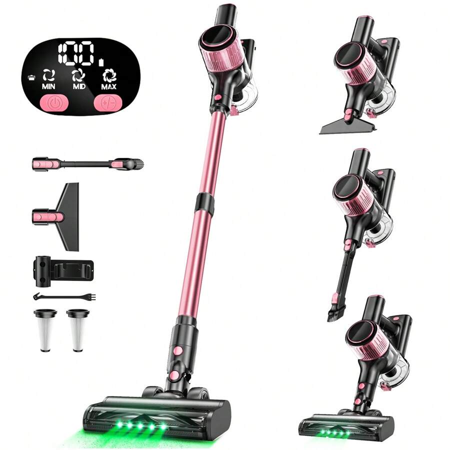 Cordless Vacuum Cleaner, 350W/30Kpa 8 In 1 Powerful Stick Vacuum, With Anti-Tangle Brush And Upgraded Green Light, 40mins Runtime Rechargeable Lightweight Vacuums For Hardwood Floor, Carpet, Pet Hair - Pink - View 1