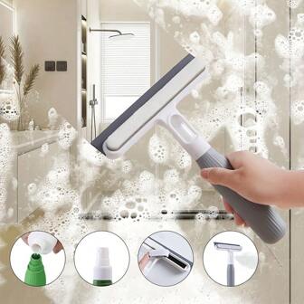 1pc 3-In-1 Multi-Function Glass Window Cleaning Tool, With Squeegee, Brush, And Sprayer Bottle, Replaceable Sponge Head For Household, Bathroom Mirror, Car Glass Cleaning,Kitchen,Bathroom,Home,Household Supplies