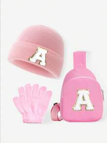 Set de 3 piezas para bebés y niños: Gorro con estampado de 26 letras, guantes y bolsa tipo monedero. Conjunto de ropa de invierno para niñas, apto para uso diario de niñas pequeñas en otoño e invierno. Accesorio de moda con monedero.