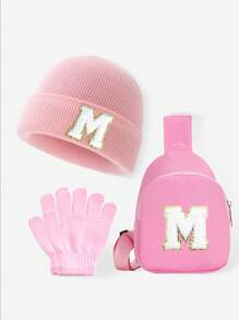 Set de 3 piezas para bebés y niños: Gorro con estampado de 26 letras, guantes y bolsa tipo monedero. Conjunto de ropa de invierno para niñas, apto para uso diario de niñas pequeñas en otoño e invierno. Accesorio de moda con monedero.