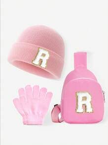 Set de 3 piezas para bebés y niños: Gorro con estampado de 26 letras, guantes y bolsa tipo monedero. Conjunto de ropa de invierno para niñas, apto para uso diario de niñas pequeñas en otoño e invierno. Accesorio de moda con monedero.